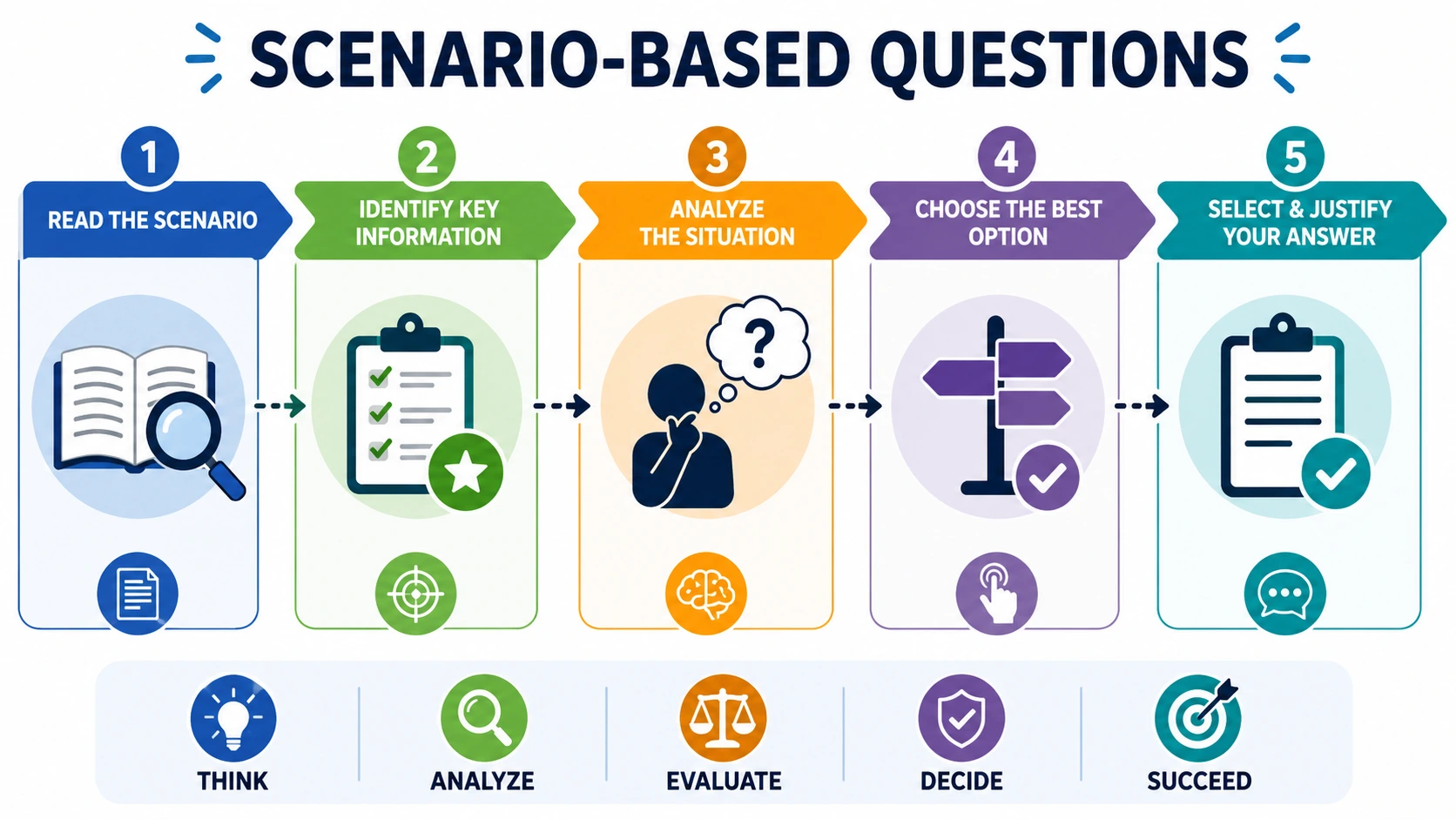 Scenario-Based Questions infographic for Software Testing Training in India showing a five-step process with icons.